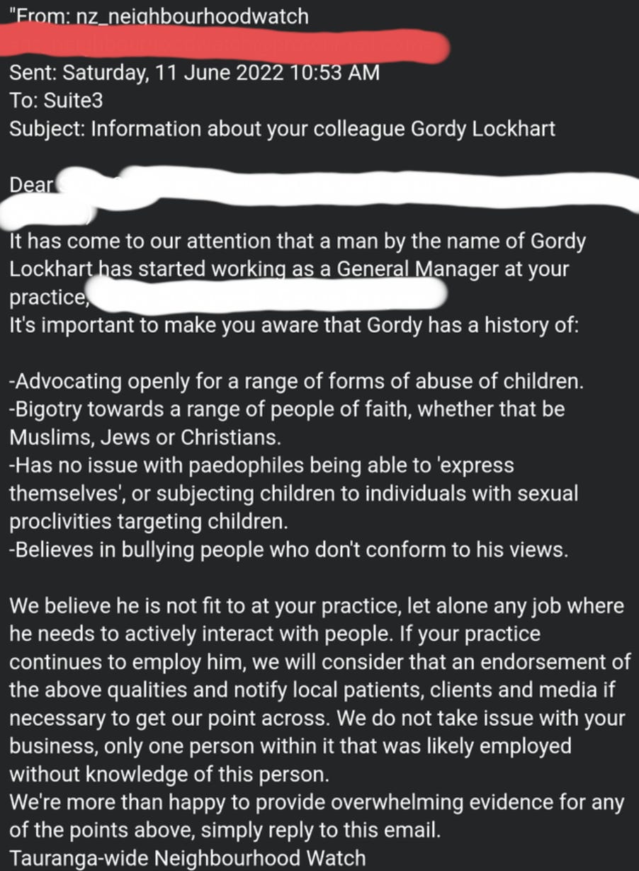 The email says he is a bigot, and says stuff like he "has no issue with paedophiles being able to express themselves or subjecting children [...] with sexual ploclivities"