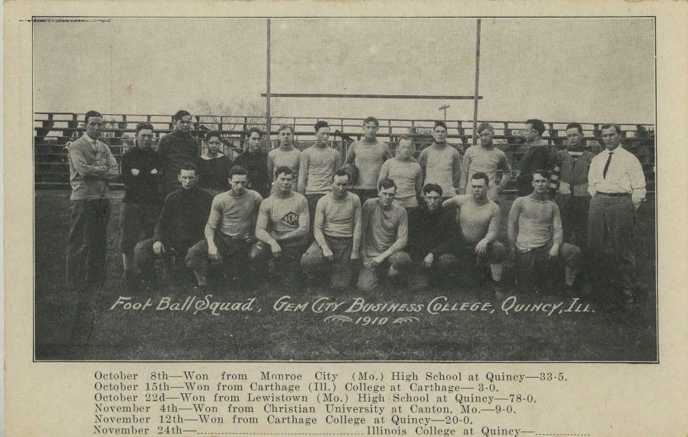 1910 Gem City Business College Football Squad awaiting the final game of the season (Image courtesy of Quincy Public Library)