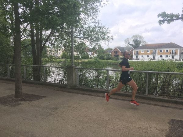 Approaching the finish in Staines with both feet off the ground.
