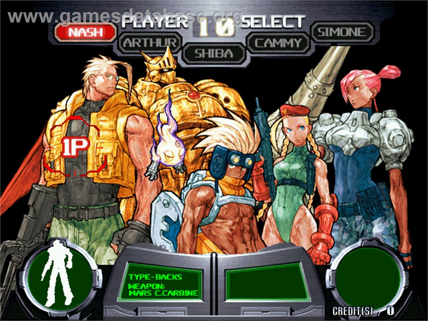 A screenshot of the character select screen, featuring Nash (Charlie in the North American release), Arthur, Shiba, Cammy, and Simone, in their excellent character portrait form