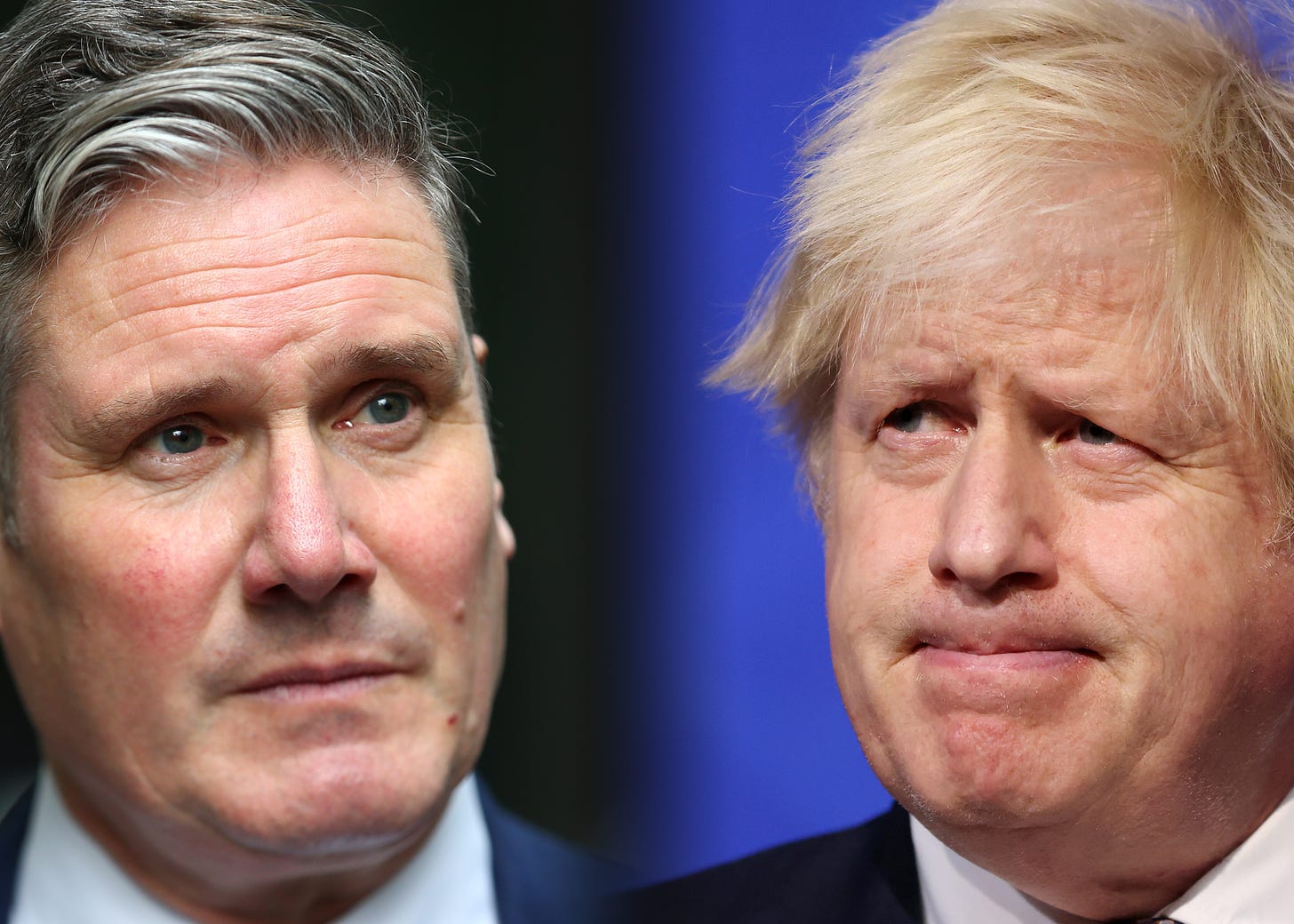 In this composite image a comparison has been made between the leader of the opposition and Labour Leader Keir Starmer (L) and the Prime Minister Boris Johnson.***LEFT IMAGE*** LONDON, ENGLAND - NOVEMBER 01: Opposition Labour party leader Keir Starmer speaks to reporters outside the BBC after his appearance on The Andrew Marr Show on October 31, 2020 in London, England. The show aired the day after British Prime Minister Boris Johnson announced that England would be entering a month-long lockdown to curb a surge in Covid-19 cases. (Photo by Hollie Adams/Getty Images) ***RIGHT IMAGE*** LONDON, ENGLAND - NOVEMBER 27: Prime Minister Boris Johnson speaks during a press conference after cases of the new Covid-19 variant were confirmed in the United Kingdom on November 27, 2021 in London, England. UK authorities confirmed today that two cases of the new Omicron Covid-19 variant, which had prompted a flurry of travel bans affecting several countries in Southern Africa, were found in the UK. (Photo by Hollie Adams - WPA Pool/Getty Images)