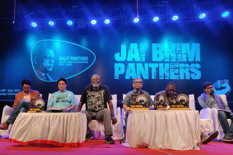 (From L to R) Henry Gaddis, Michael ‘Mac’ McCarty, JV Pawar, Jakobi Williams and Bharthi Prabhu at the Dalit Panther-Black Panther conference held at Nanded on May 28 and 29.