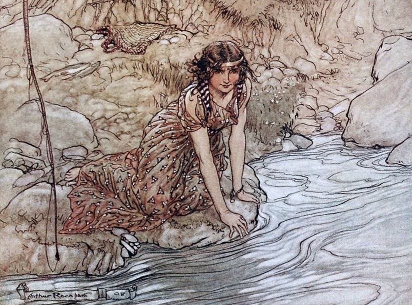 A colored drawing of a young woman kneeling by a river. She has a pink Grecian-style dress and disheveled brown curls. She looks at the viewer with a wry expression.