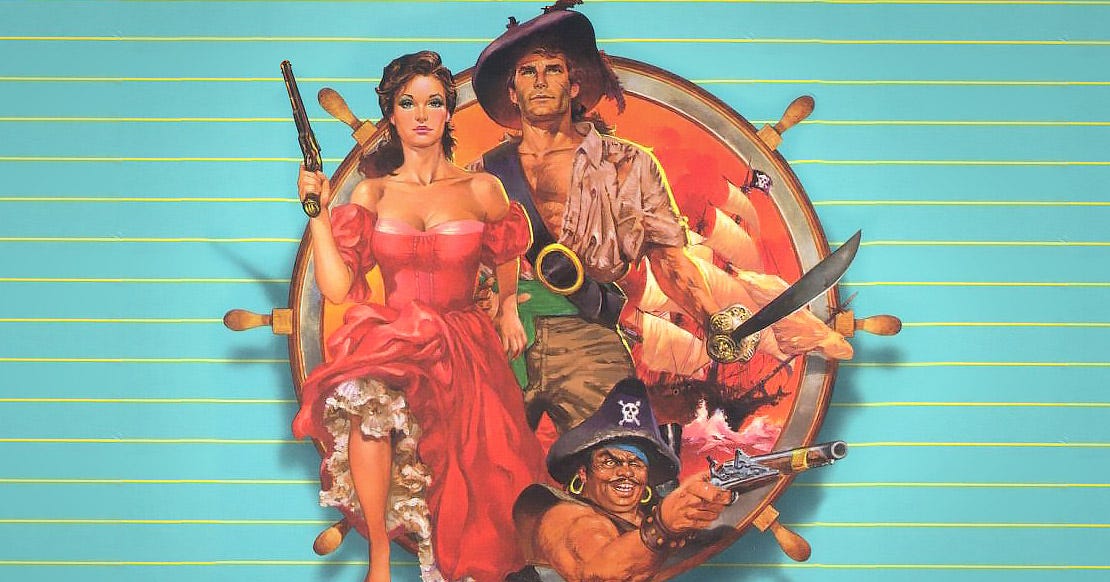 Part of the cover art for Plundered Hearts, showing a woman in a flowery red gown with a long pistol in front of a dashing pirate captain.