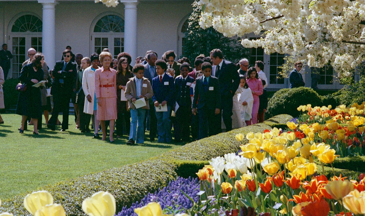 First Lady Pat Nixon and President Richard Nixon Giving a Tour of the White House Rose Garden, 4/14/1973 “ Series: Nixon White House Photographs, 1/20/1969 - 8/9/1974. Collection: White House Photo Office Collection (Nixon Administration), 1/20/1969...