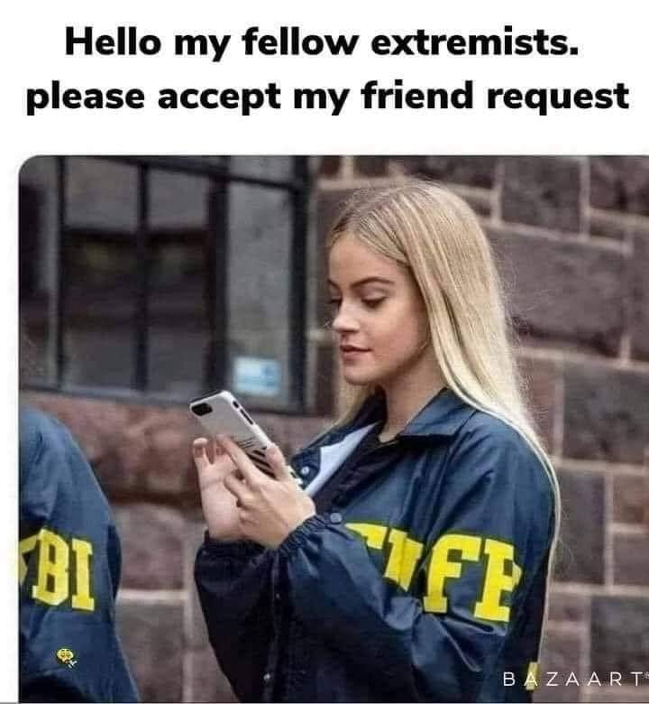 May be a meme of 1 person and text that says 'Hello my fellow extremists. please accept my friend request BI IFF FF BAZAART'