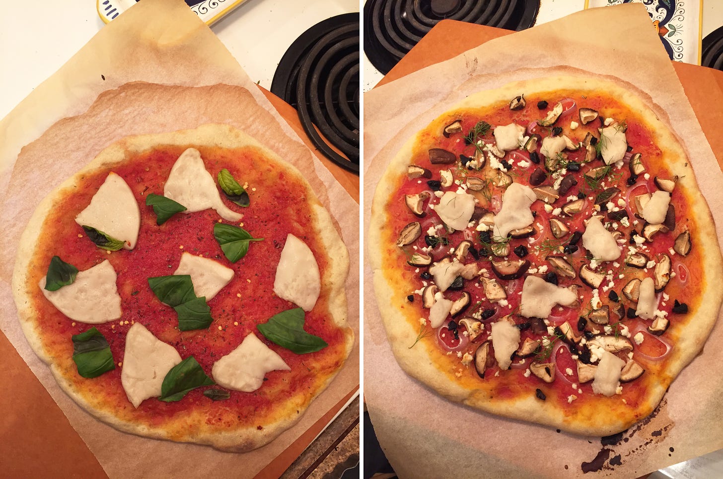 Left image: a vegan margherita pizza on a piece of parchment paper. Right image: a mushroom pizza with vegan mozza pieces and sprinkles of feta and black garlic, on top of a piece of parchment.