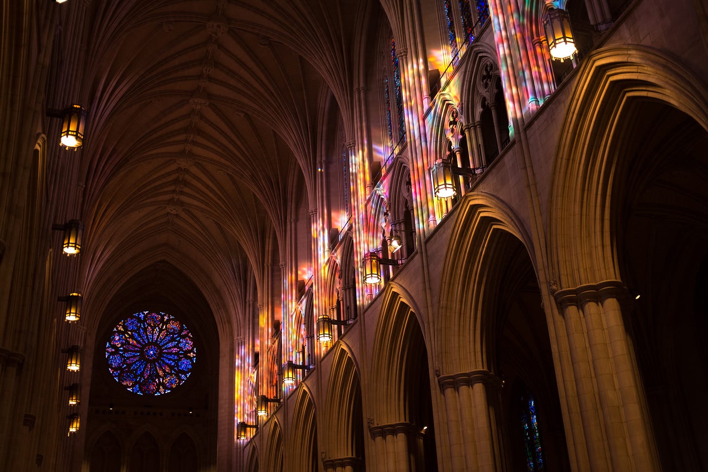 Arches and rose window at the National Cathedral (Washington, D.C.).