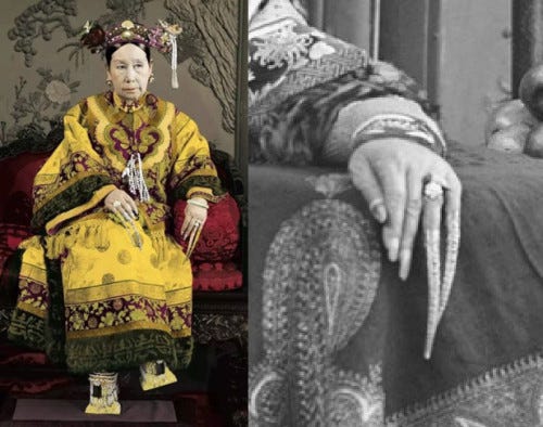 Empress Dowager Cixi with nail guards (Source: guzhuangheaven.tumblr.com)