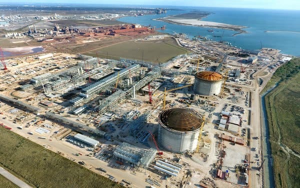 A Cheniere Energy facility in Corpus Christi, Tex. Each shipment in a 900-foot tanker contains enough liquefied natural gas, or L.N.G., to heat 45,000 homes for a year.