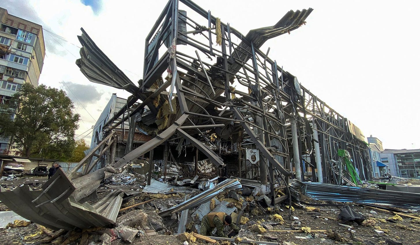An office building of a car retailer destroyed during a Russian missile attack in Zaporizhzhia, Ukraine, October 11, 2022.