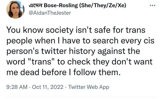 May be an image of 1 person and text that says 'এদেন -Rosling (She/They/Ze/Xe) @AidanTheJester You know society isn't safe for trans people when I have to search every cis person's twitter history against the word "trans" to check they don't want me dead before I follow them. 9:28 AM Oct 11, 2022 Twitter Web App'