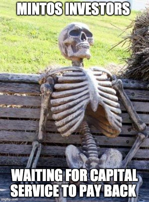 Waiting Skeleton Meme |  MINTOS INVESTORS; WAITING FOR CAPITAL SERVICE TO PAY BACK | image tagged in memes,waiting skeleton | made w/ Imgflip meme maker