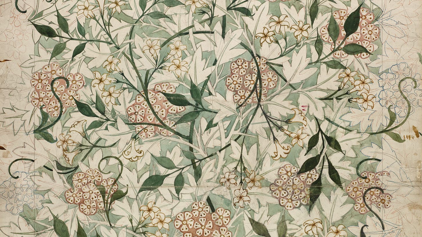 Wallpaper design with background of hawthorn leaves, blossom and branches with a scrolling tracery of jasmine.