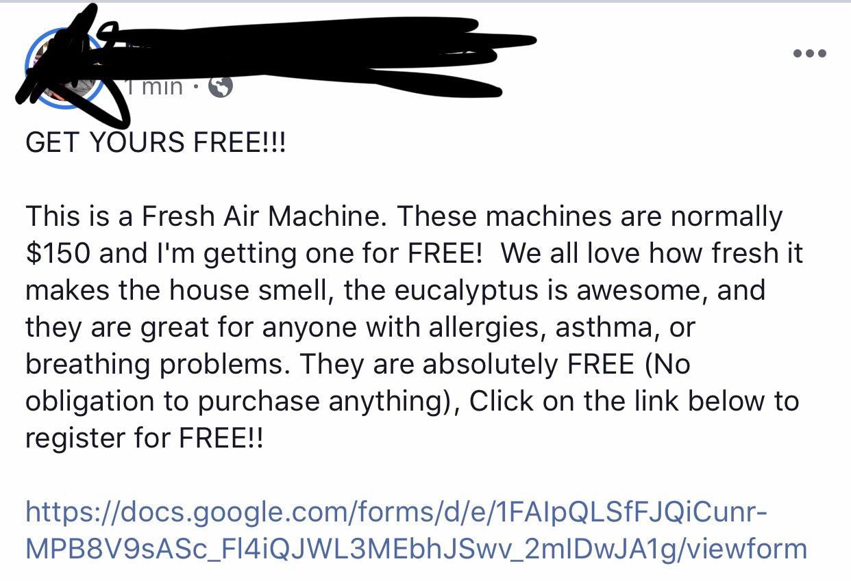 Ok literally EVERYONE in my area is posting this. I'm assuming it's an MLM  but can anyone explain? It's the Fresh Air Machine : antiMLM