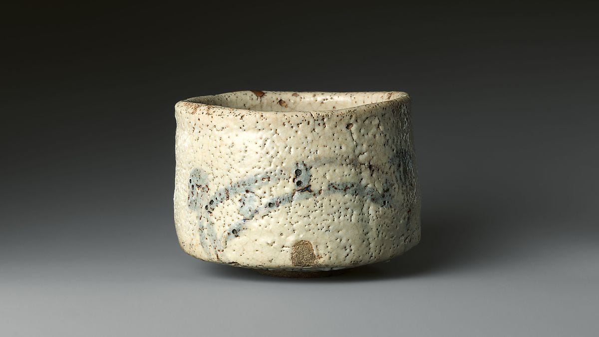 Shino Teabowl with Bridge and House, known as “Bridge of the Gods” (Shinkyō), Glazed stoneware with design painted in iron oxide (Mino ware, Shino type), Japan 