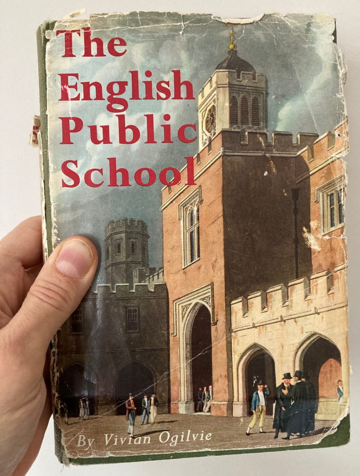 The cover of The English Public School, featuring a painting of Rugby School in 1816. 
