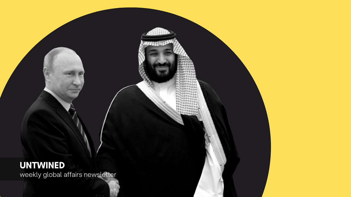 Russian President Vladimir Putin (left) and Saudi Crown Prince Mohammed bin Salman (Original image: Kremlin.ru, CC BY 4.0, via Wikimedia Commons; modified for collage)