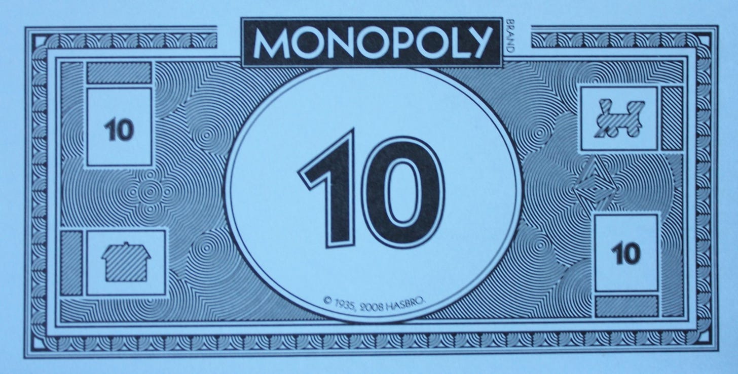 PARTS ONLY -Monopoly Board Game Hasbro 2013 Version – (10) Pack $10  Monopoly Money – Team Toyboxes