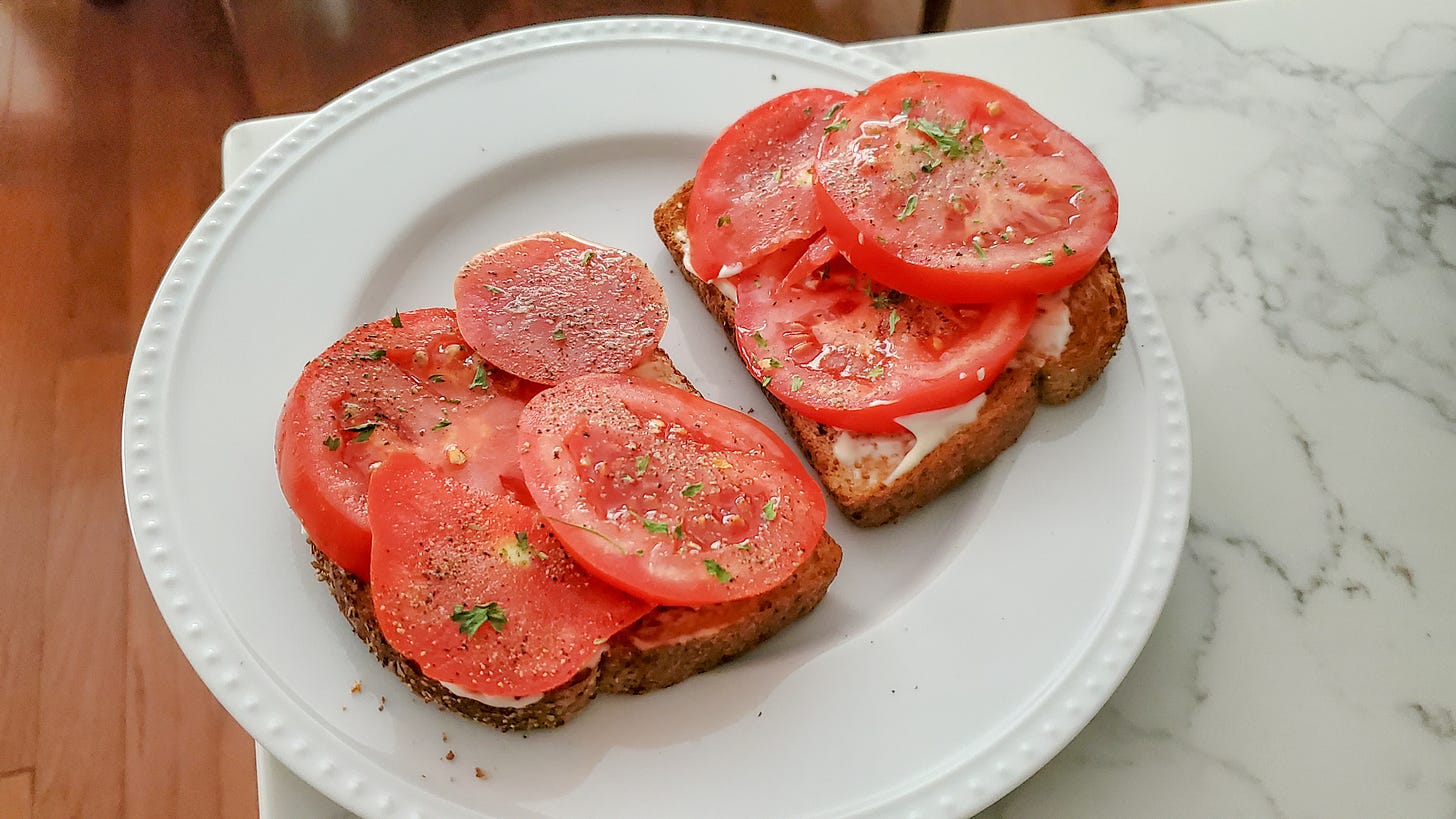 Simple open-faced sandwich with mayo and tomatos