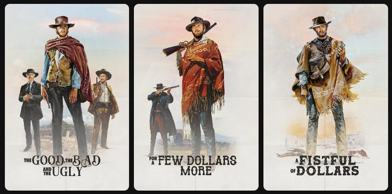 Three stylized posters with Clint Eastwood's character in each of the Dollars trilogy roles he played.