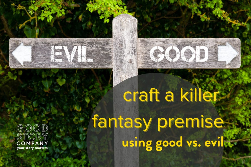 A sign in a fantasy forest points in two different directions: Evil and Good.