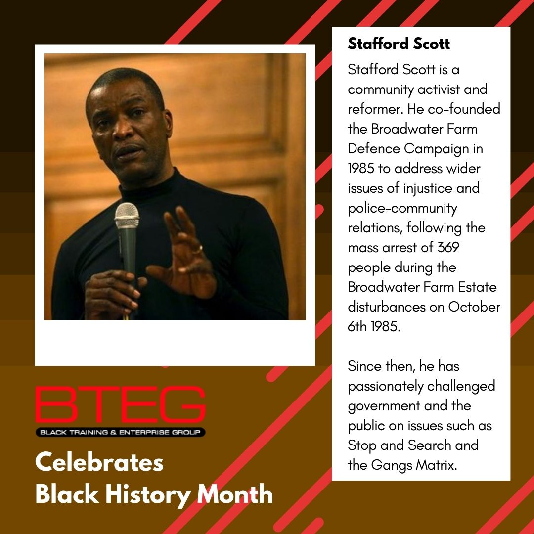 A photo of Stafford Scott on a brown gradient background, with text to the right on a white box with her history. Below, BTEG logo and white chunky text reading BTEG Celebrates Black History Month.