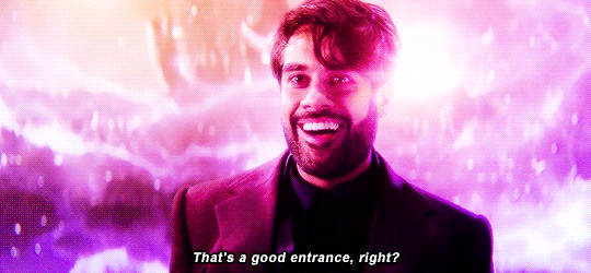 This GIF (repeated moving image) shows the Master (played by Sacha Dhawan) just after he jumps through the Boundary's vortex at the conclusion of "Ascension of the Cybermen." The Master asks the question "That's a good entrance, right?" This GIF (repeated moving image) shows the Master (played by Sacha Dhawan) just after he jumps through the Boundary's vortex at the conclusion of "Ascension of the Cybermen." The Master asks the question "That's a good entrance, right?"