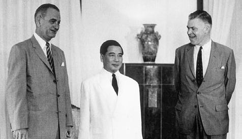 Lyndon Baines Johnson, President Ngo Dinh Diem of South Vietnam, and Frederick Nolting, U.S. ambassador to South Vietnam, at Independence Palace on May, 12 1961