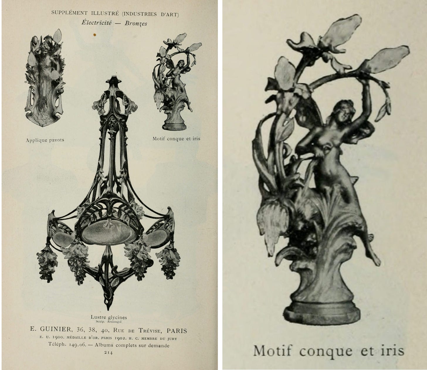 A sample of artistic lamp designs by Guinier, 1903 (Société des artistes français, *Catalogue illustré de peinture et sculpture. Salon de 1903. Supplément illustré (industries d'art)*, Ludovic Baschet éd., Paris, 1903, p. 214.