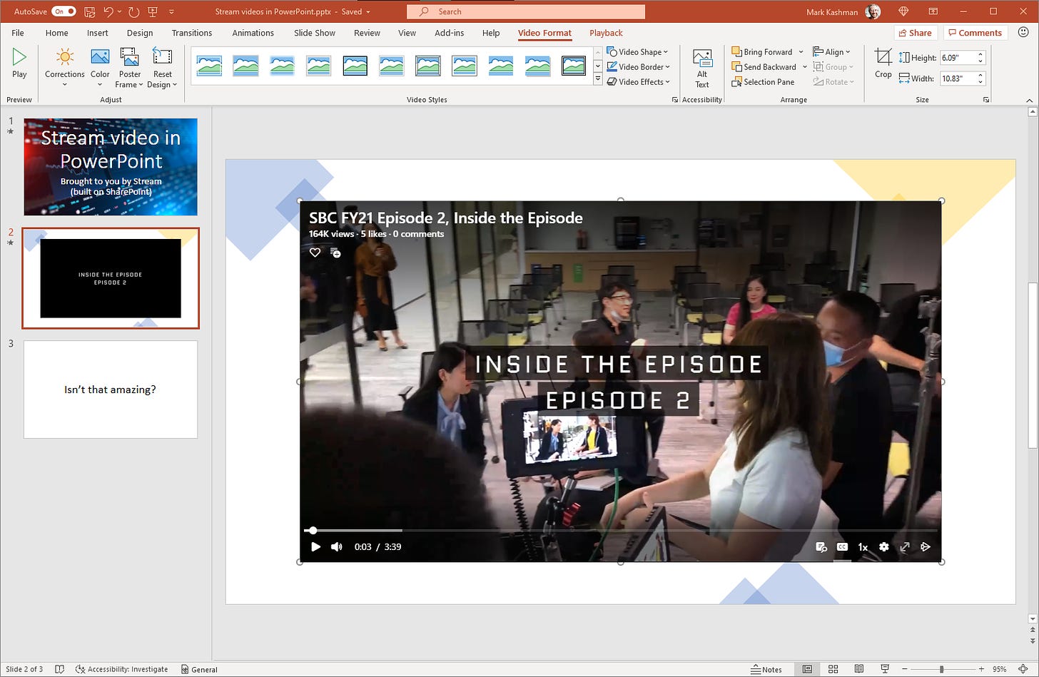 Stream video inserted onto a PowerPoint slide to play inline during the Slide Show.