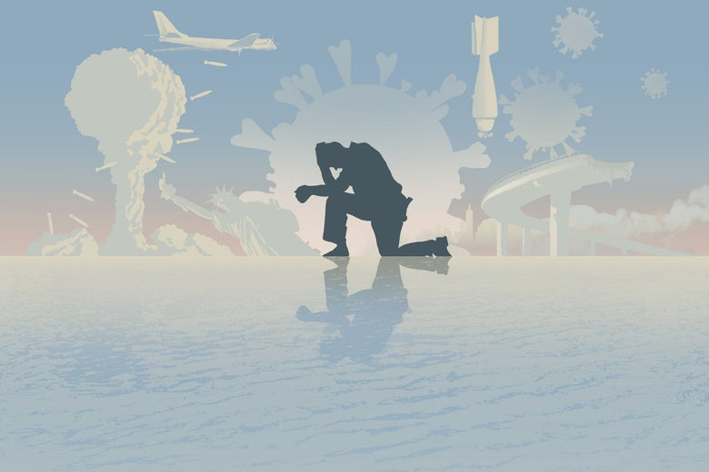 Illustration of a man bent over one knee on a barren plain in the shadow of a fighter jet dropping bombs, a nuclear mushroom cloud, a rocket, and giant coronavirus particles