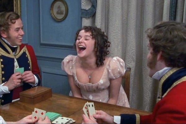 Screenshot of Lydia from Pride and Prejudice laughing with two militiamen
