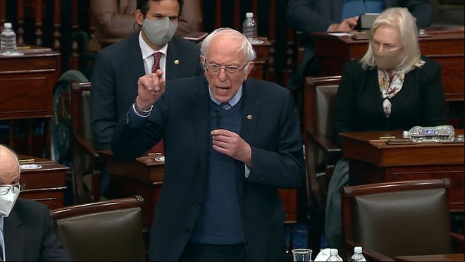 In this image from video, Sen. Bernie Sanders, I-Vt., speaks during debate in the Senate at the U.S. Capitol in Washington, Saturday, March 6, 2021.