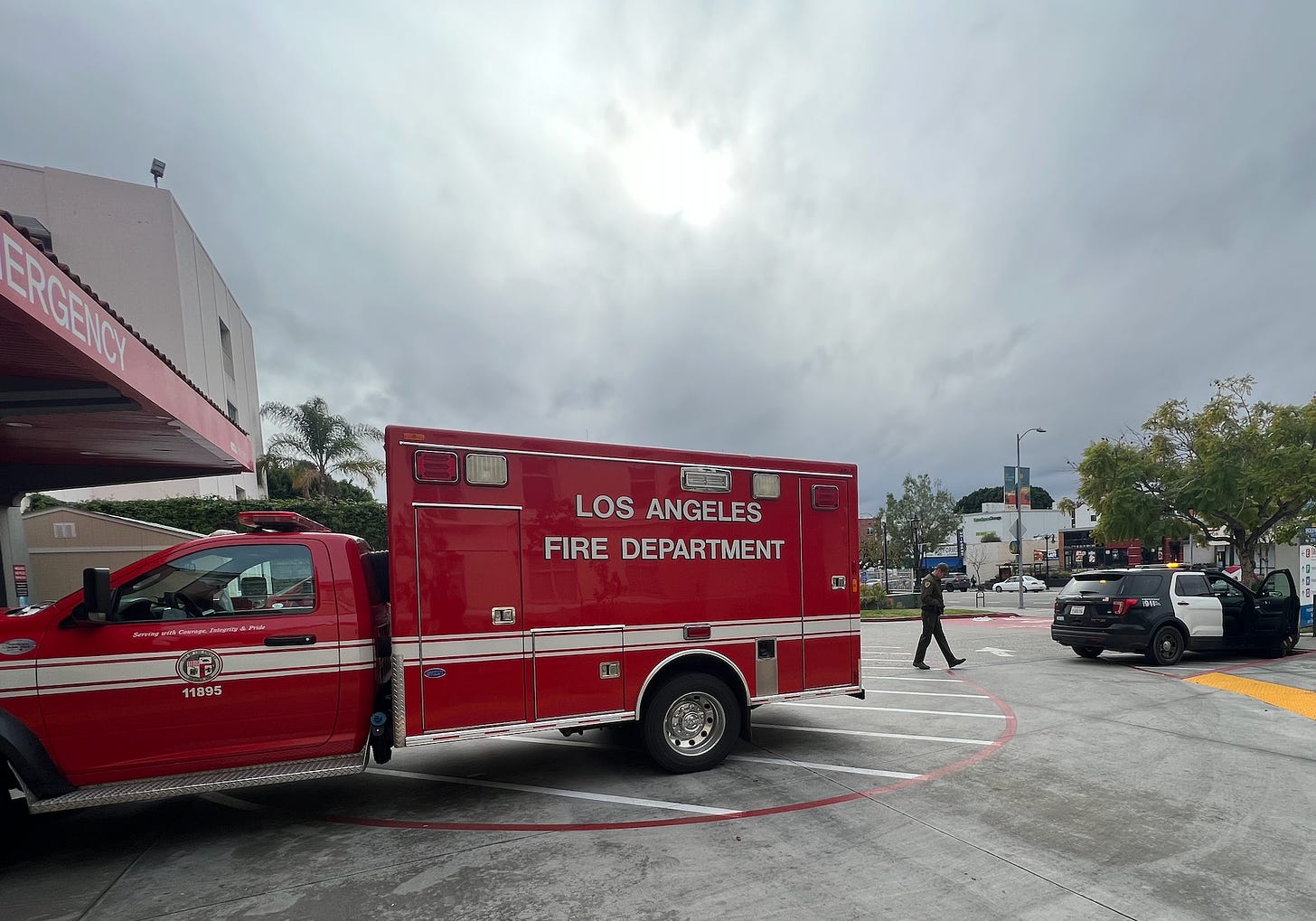 A LA fire department truck waits outside the ER