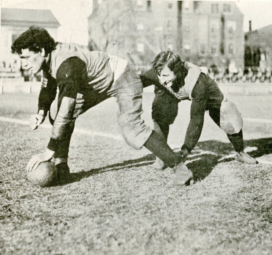 Williams Henry Lewis of Harvard snapping the ball by rolling it on it side, c. 1892.