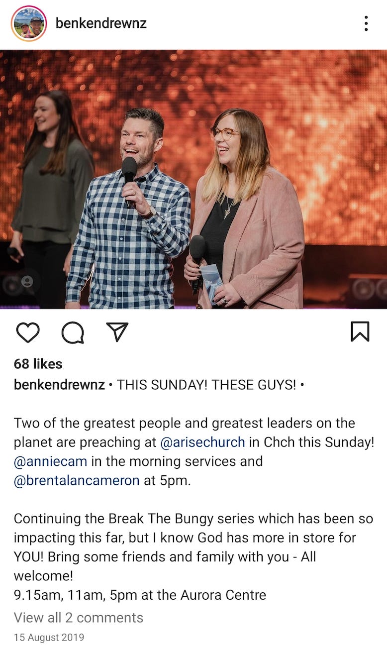 Brent and his wife on stage as Campus Pastors, posted on Instagram on 15 August 2019