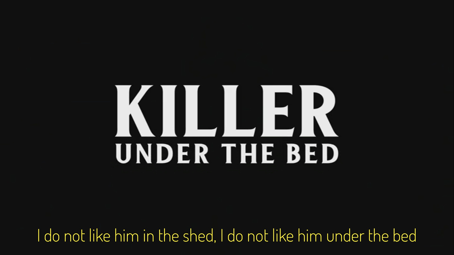 the tile in white text on a black background, captioned "I do not like him in the shed, I do not like him under the bed"