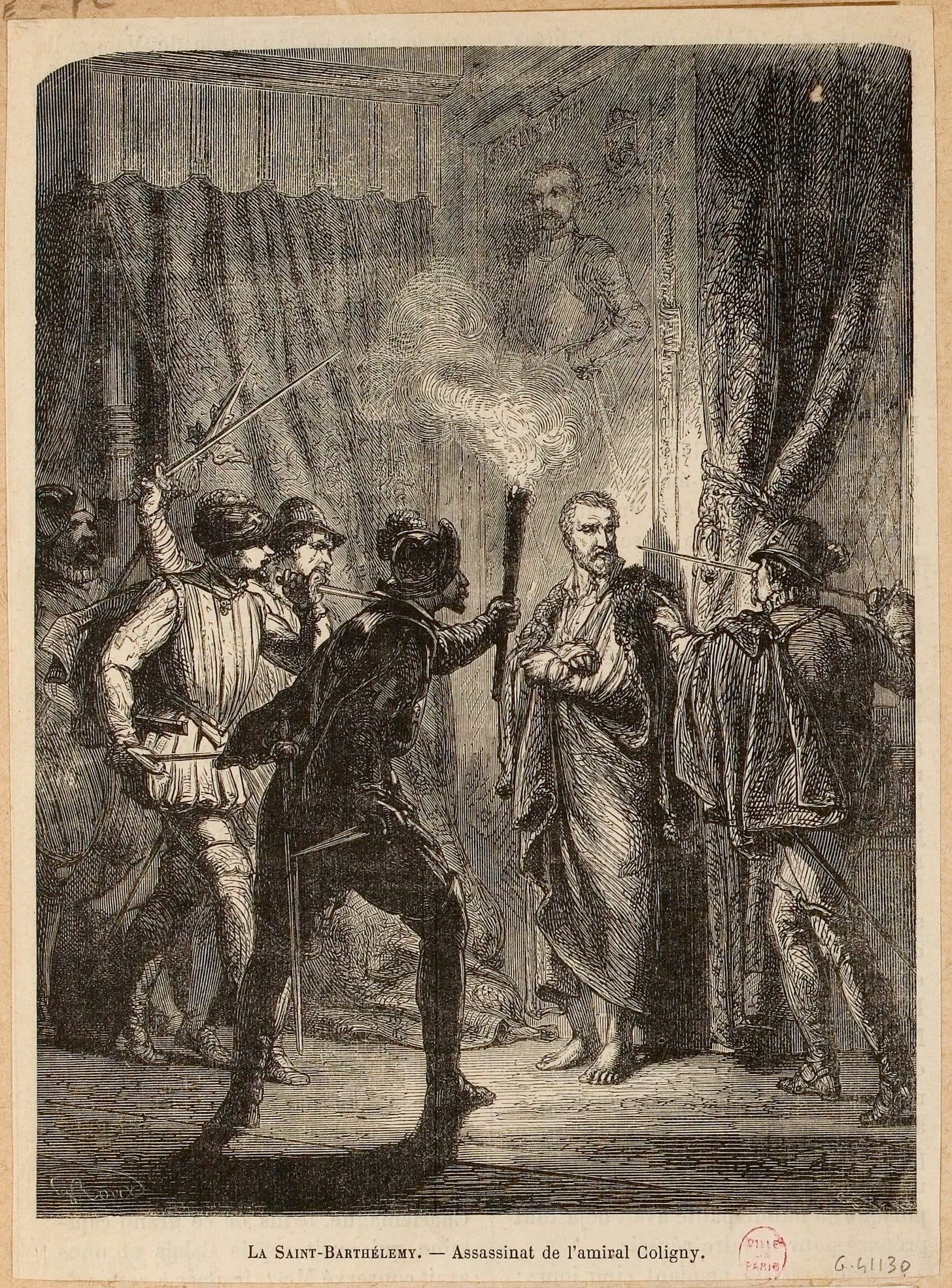 Hommes en armes; assassinat de l'amiral Coligny, France XVIe siècle; illustration, XIXe siècle