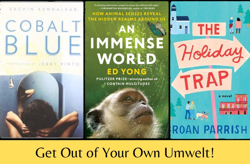 Images of the three featured books above the text ‘Get Out of Your Own Umwelt!’ on a yellow background.