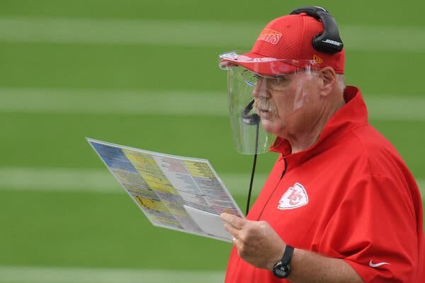 Kansas City Coach Andy Reid wore a face shield on the sideline of an N.F.L. game in September 2020.