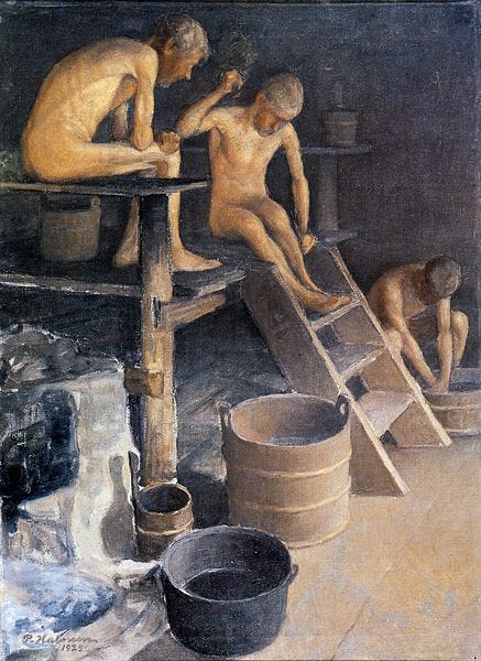 Três figuras, aparentemente masculinas, de pessoas nuas em uma típica sauna finlandesa: no chão de mandeira há recipientes para água e sal, e uma escada simples de madeira leva a uma especie de palquinho onde dois dos homens estão.