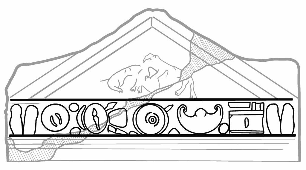 line drawing of the triangular top of a tombstone. There is a frieze which has an array of weapons and armour inside, and then above there is a triangular pediment which depicts two fighting animals but is damaged