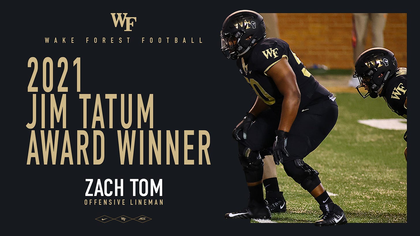 Zach Tom Wins Jim Tatum Award - Wake Forest University Athletics