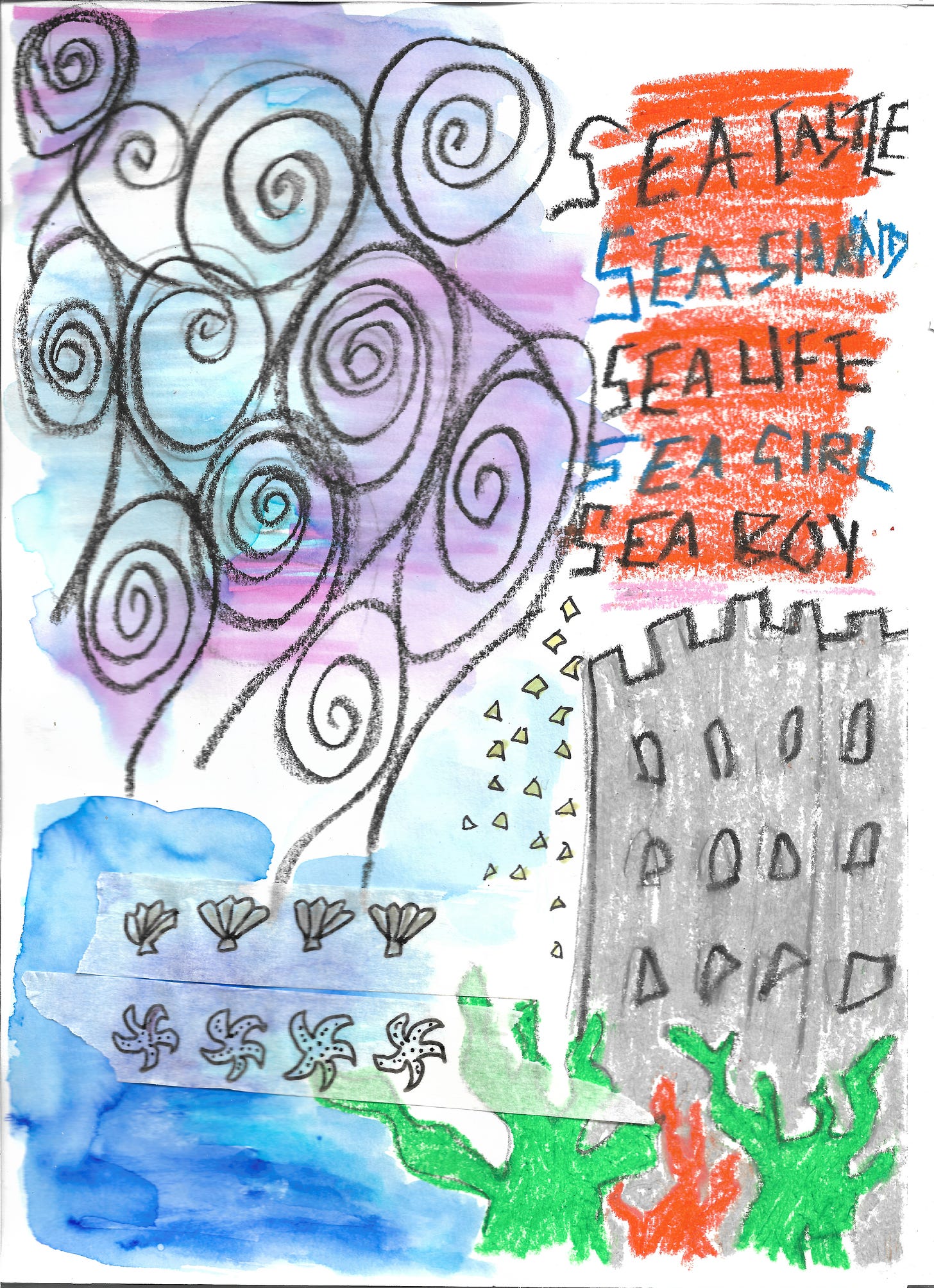 A colourful pencil and watercolour abstract drawing of swirls and shells, seaweed and castles. There is writing that says: "SEA CASTLE SEA WEED SEA LIFE SEA BOY SEA GIRL"
