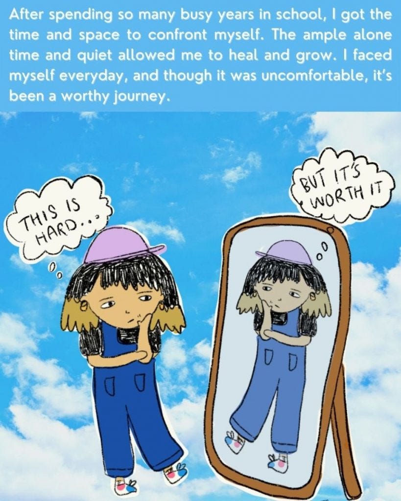 Lydie looking into the mirror saying it is hard to confront herself. The mirror Lydie saying that it is worth it.