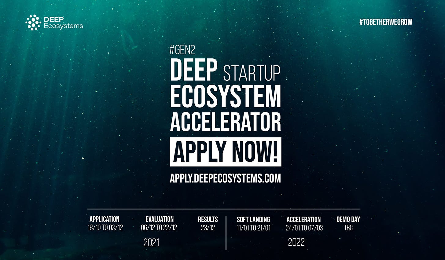 May be an image of text that says 'DEEP Ecosystems #TOGETHERWEGROW #GEN2 DEEP STARTUP ECOSYSTEM ACCELERATOR APPLY NOW! APPLY.DEEPECOSYSTEMS.COM APPLICATION 18/10T003/12 EVALUATION 06/12T022/12 2021 RESULTS 23/12 SOFT TLANDING 11/01T021/01 ACCELERATION 24/01 007/03 DEMO DAY TBC 2022'
