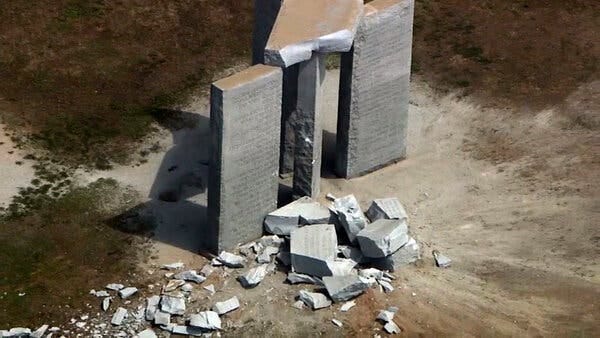 The Georgia Guidestones monument near Elberton, Ga., was torn apart by an explosive device on Wednesday, the authorities said.