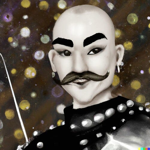 DALL·E 2022-09-20 03.51.12 - a small, grinning man with wispy bald hair and a pencil moustache in a glittering sequined shirt wearing black eye make-up, in a realistic painted con
