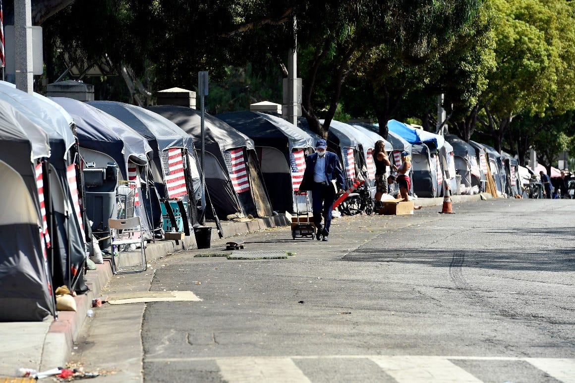 Homeless U.S. veteran tents at the VA West Los Angeles Healthcare Campus Japanese Garden.